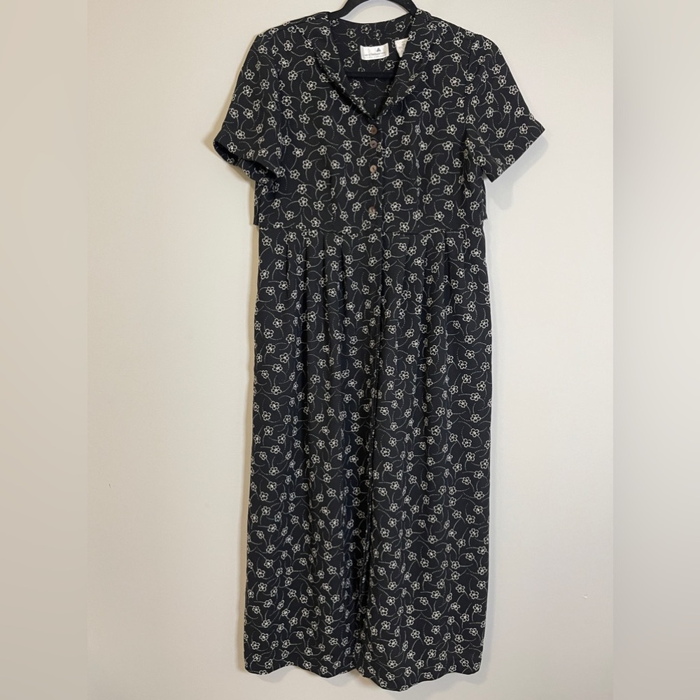 Liz Claiborne Womens Dress Size 6 Petite Black Flower Print Button Up Maxi
